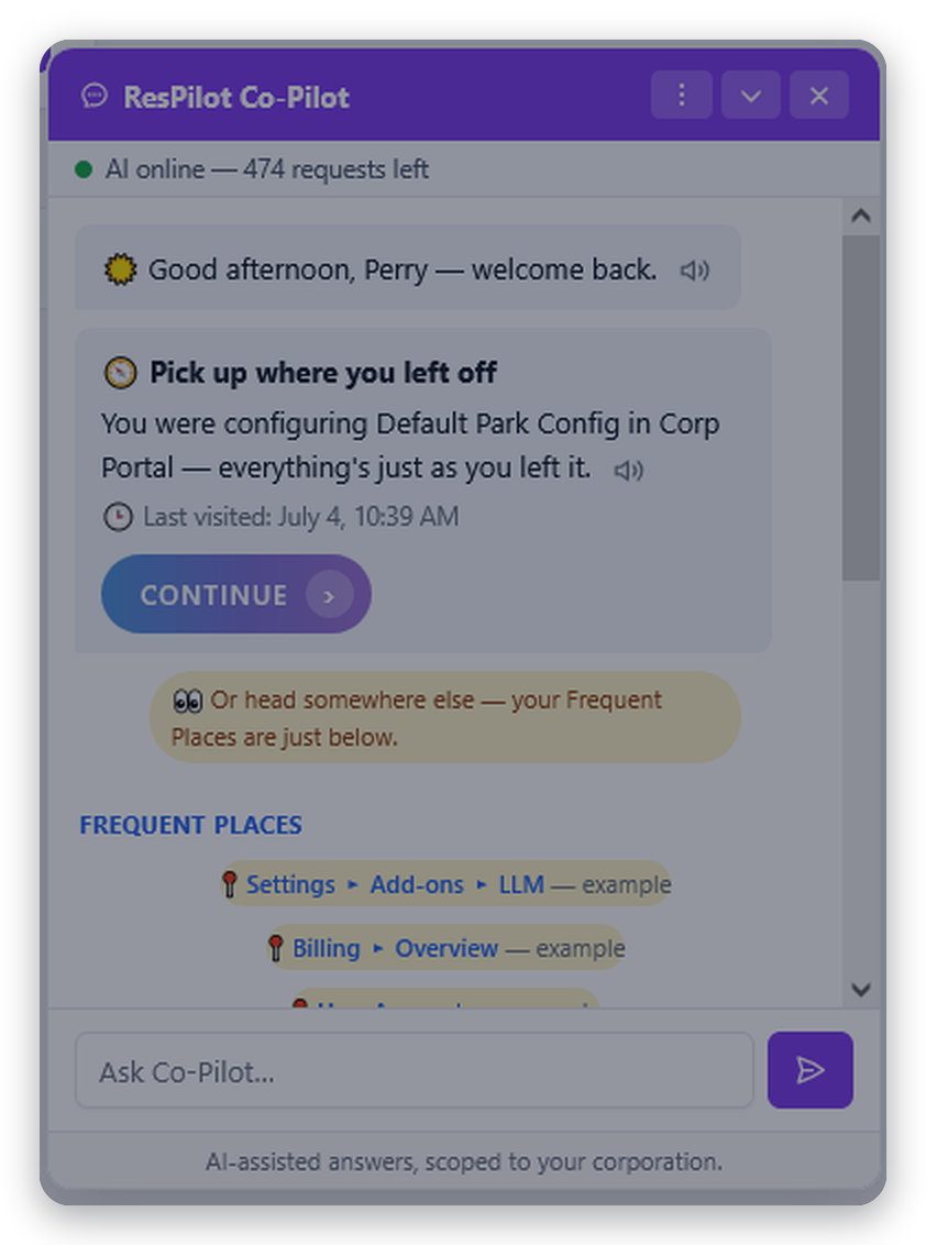 ResPilot Co-Pilot panel answering a park owner's question in a chat sidebar, with spoken-response and suggestion controls